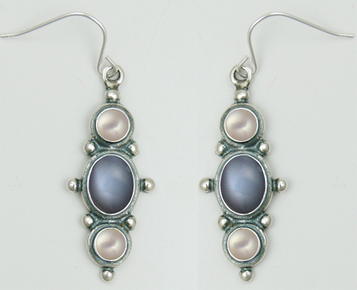 Sterling Silver Drop Dangle Earrings With Grey Moonstone And Cultured Freshwater Pearl